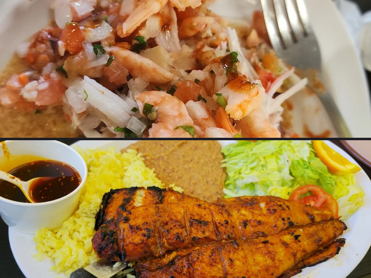 Shrimp cocktail and fish dishes on display.