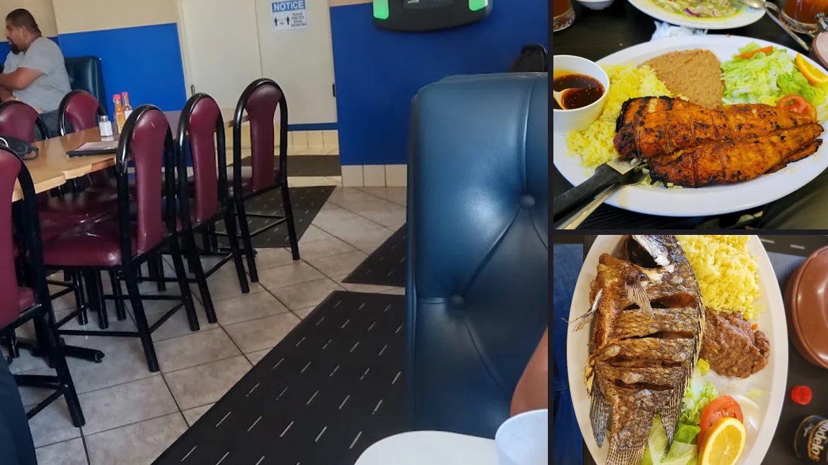 Colorful seafood dishes beside table service settings.