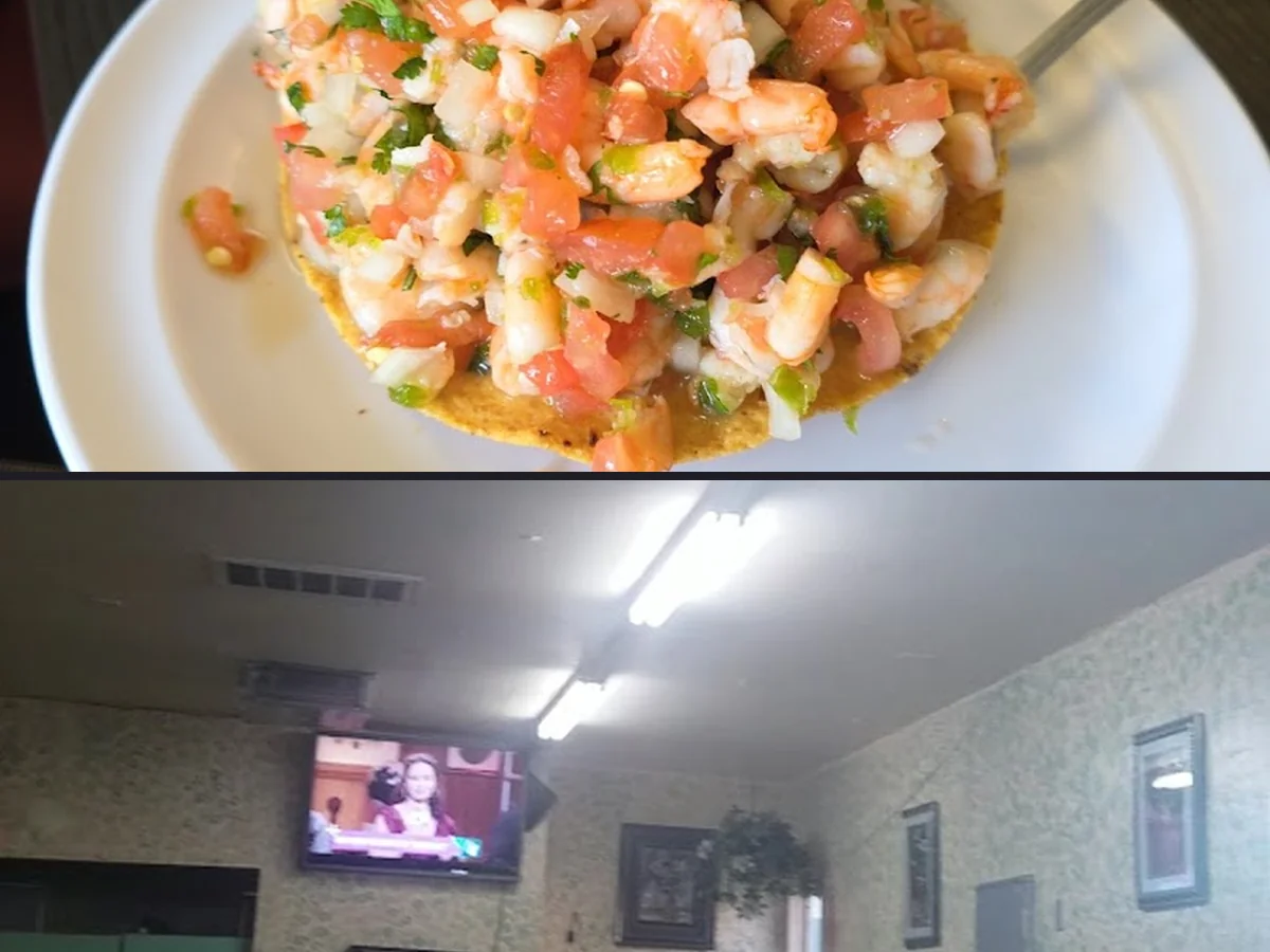 Seafood plates on a casual restaurant table.